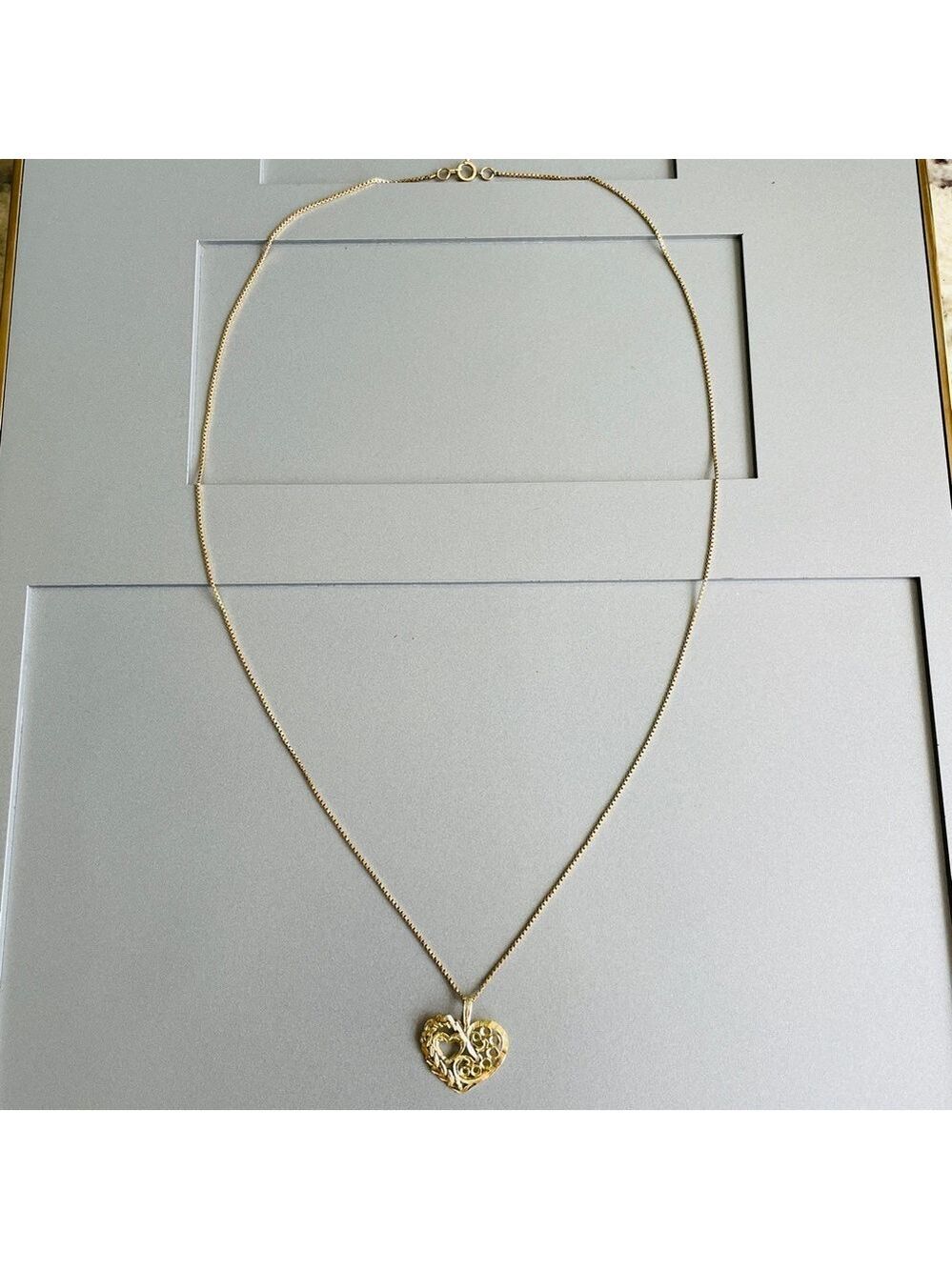 14k Yellow Gold Diamond Cut Ornate Open Heart Charm Pendant Necklace - Picture 6 of 8